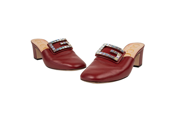 strapless open back dress Gucci Red Leather Crystal G Buckle Mule Loafers Size 39 – On Que Style