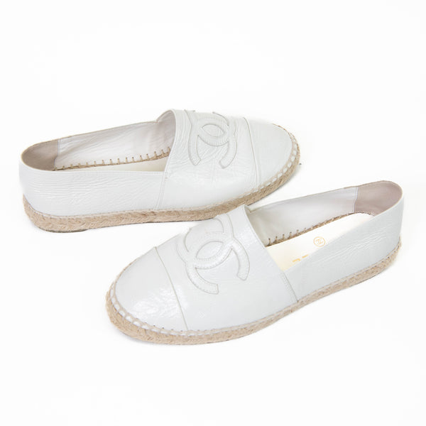 Chanel White Patent Calfskin Leather CC Espadrilles 37 On Que Style