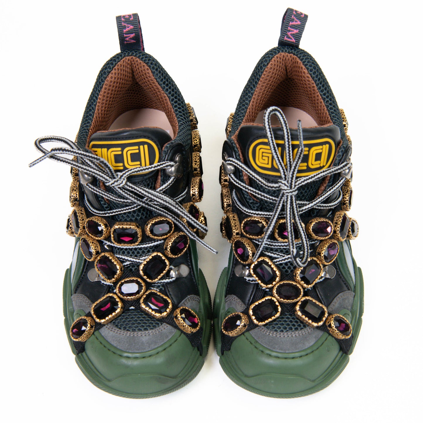 Gucci X SEGA Olive Mesh Suede Calfskin Removable Crystals Flashtrek Sneakers 36