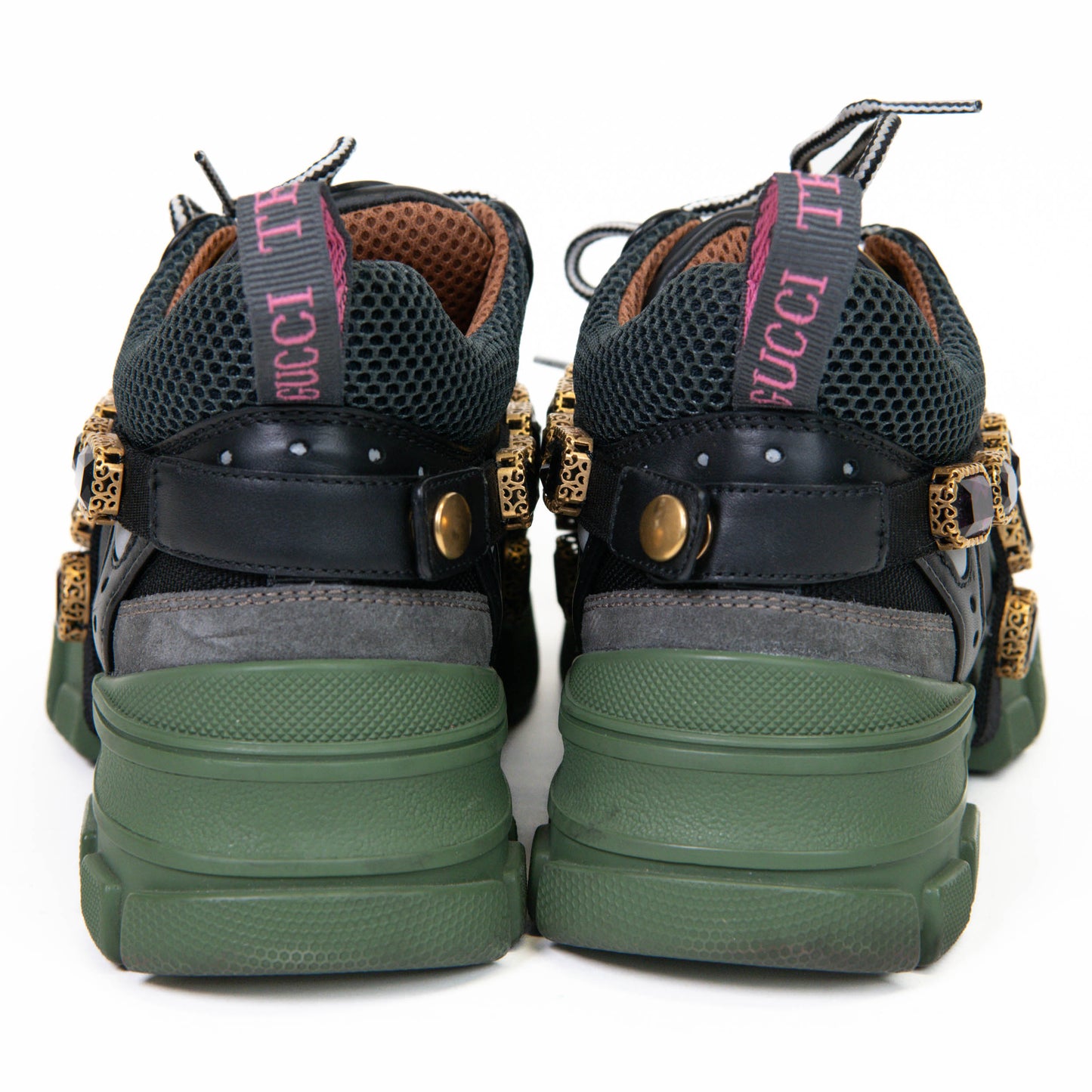 Gucci X SEGA Olive Mesh Suede Calfskin Removable Crystals Flashtrek Sneakers 36