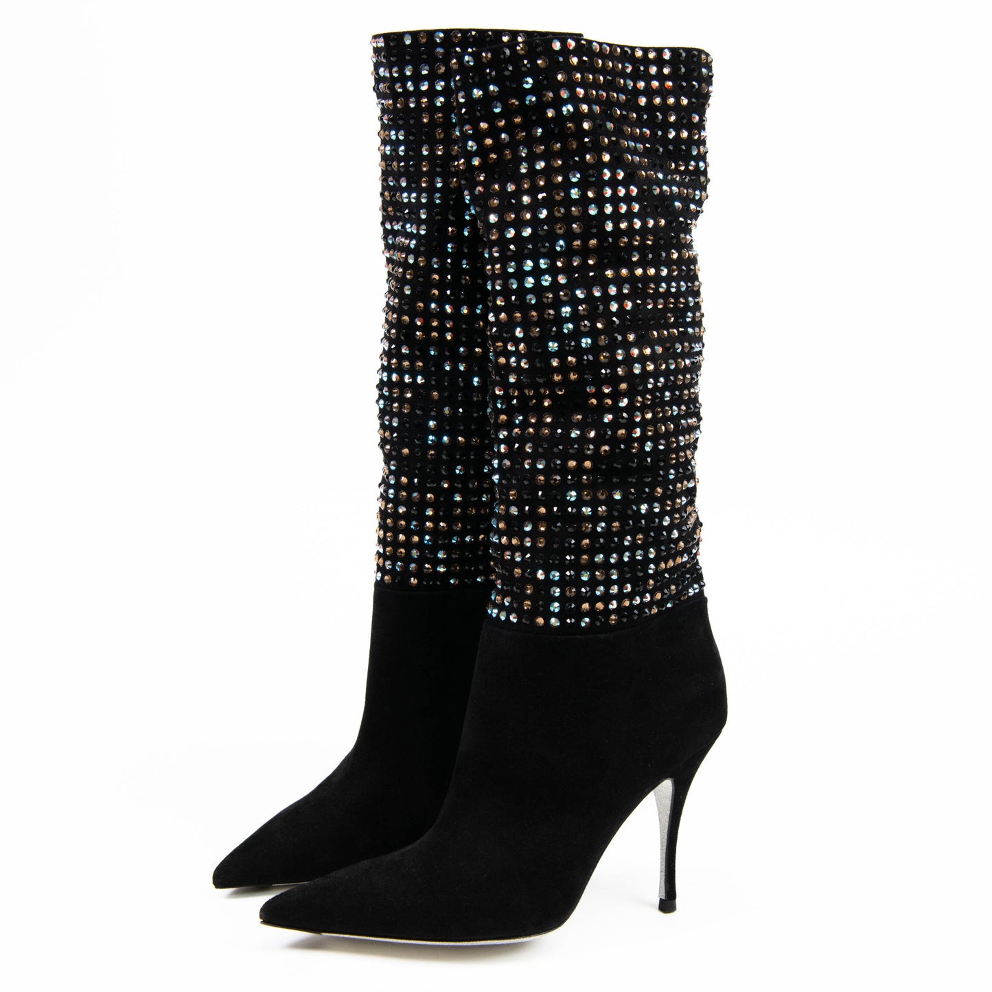 Rene Caovilla Black Suede and Multicolor Crystal Embellished Boots Size 37