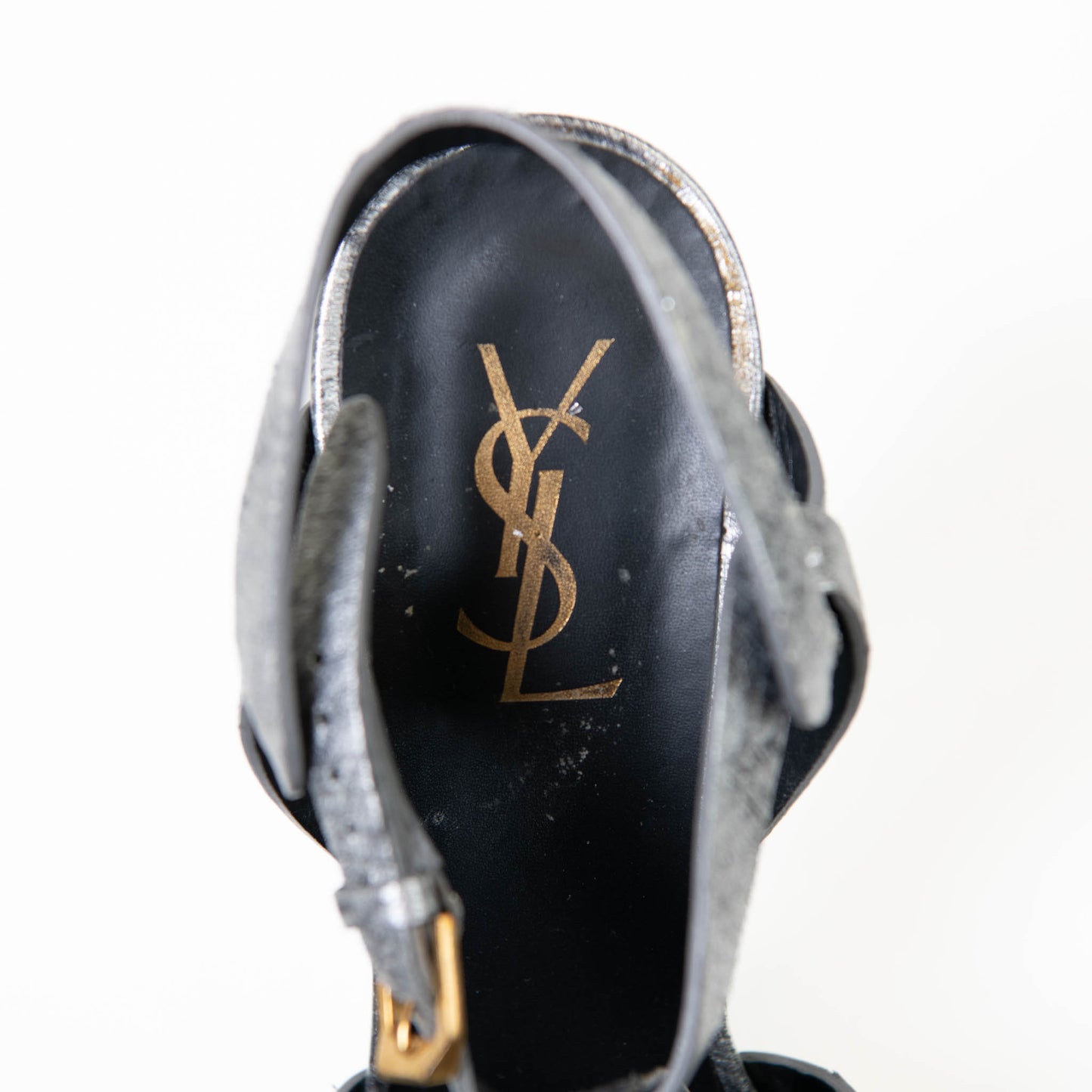 Yves Saint Laurent Silver Leather Printed T-Strap Tribute Sandals 40