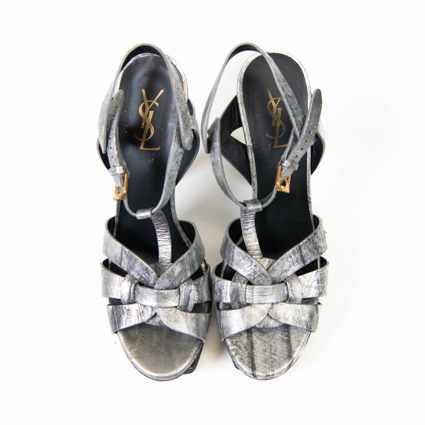 Yves Saint Laurent Silver Leather Printed T-Strap Tribute Sandals 40