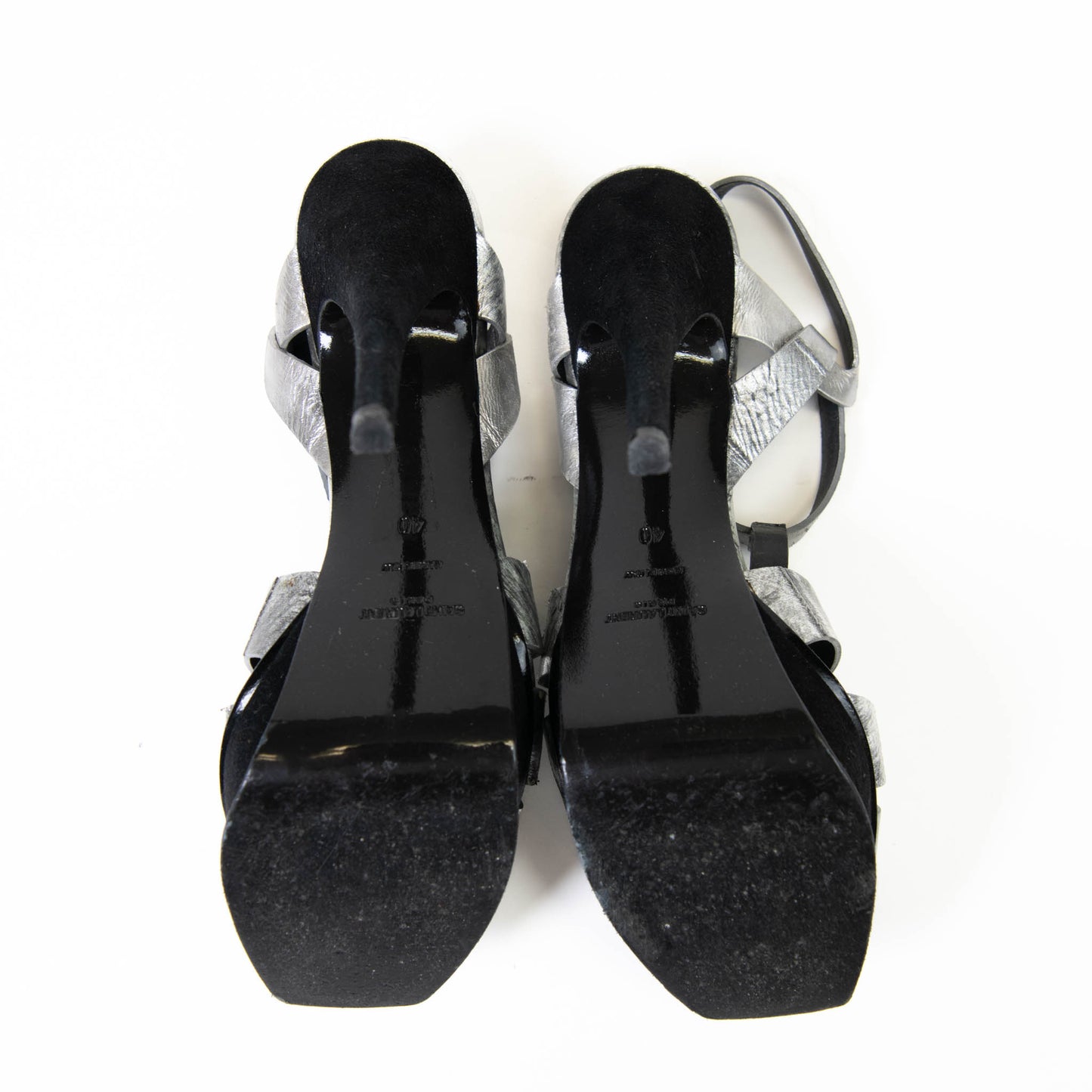 Yves Saint Laurent Silver Leather Printed T-Strap Tribute Sandals 40