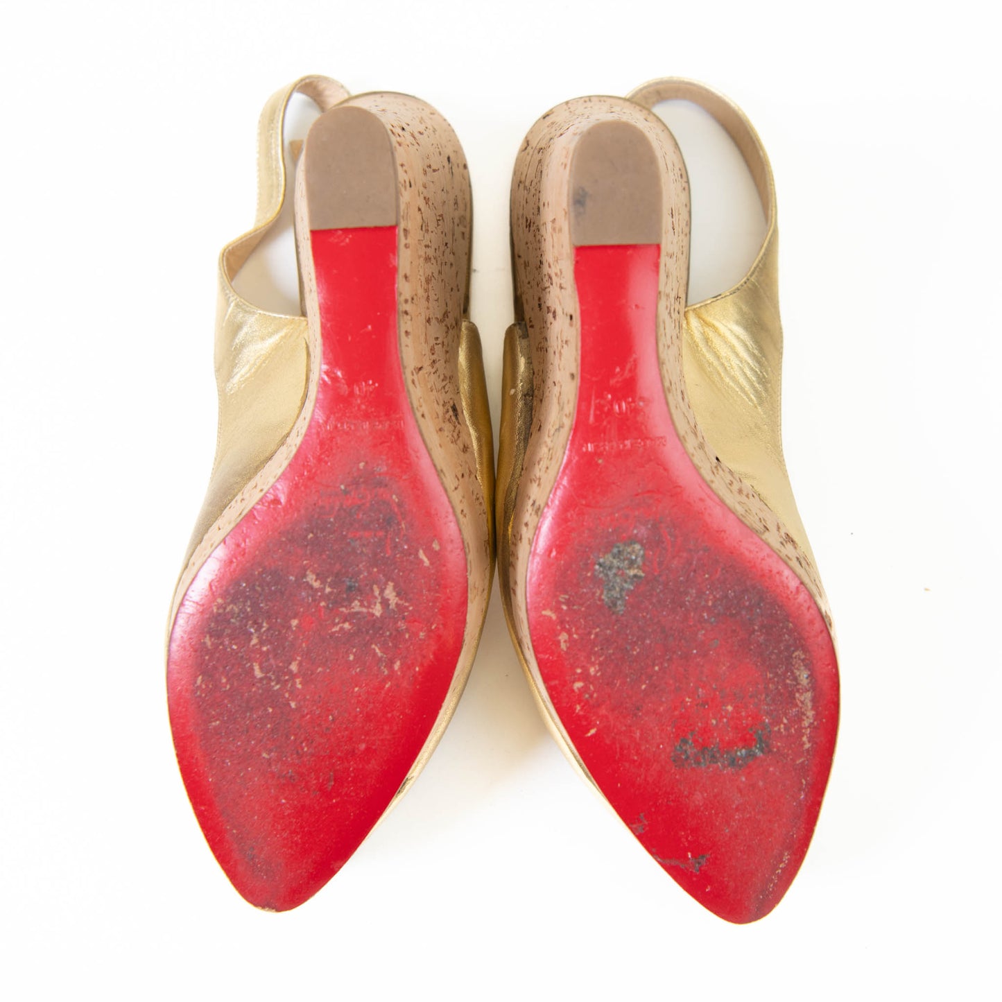 Christian Louboutin Gold Leather Slingback Cork Heel Sandals 40
