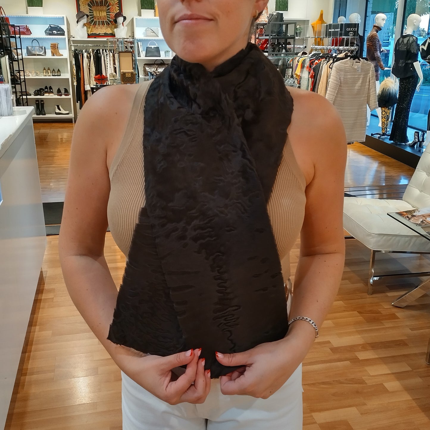 Celine Brown Astrakan Fur Stole Scarf