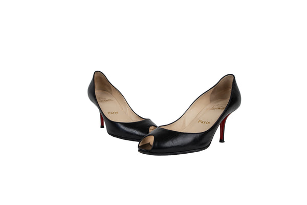 Christian Louboutin Black Leather Open Toe Kitten Heels Size 39