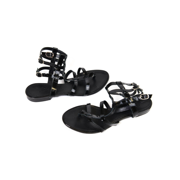 Chanel Black Patent Leather Gladiator Sandals Size 38.5