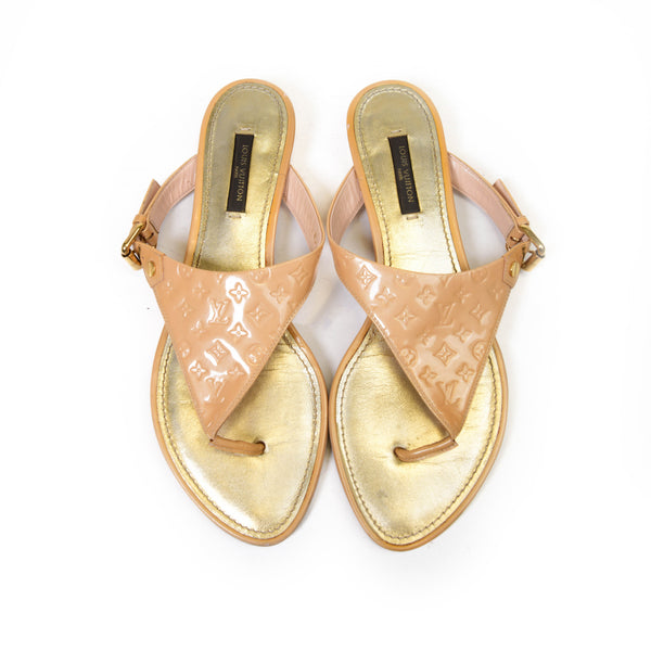 Louis Vuitton Beige & Gold Monogram Vernis Leather Flat Thong Sandals Size 39