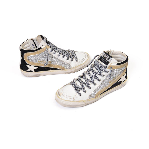 Golden Goose Slide Classic Glitter Leather Sneakers Grey/Black Size 40