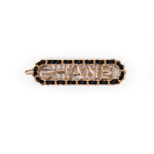 Chanel Gold Metal Lambskin Vintage Allure Logo Hair Clip
