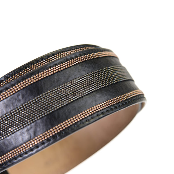 Brunello Cucinelli  Black & Gold  Monili Leather Belt Size Small
