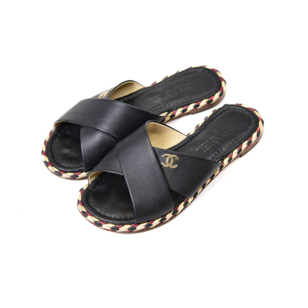 Chanel Black Lambskin Leather Braided Mule Flat Sandals Size 36