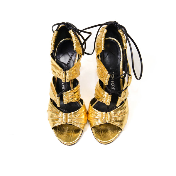 Tom Ford Gold Metallic Leather Sandals Size 37