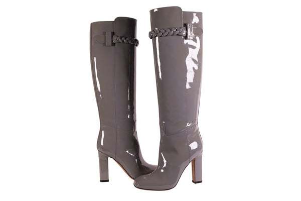 Valentino Gray Patent Leather Tall Boots with Chain Detail Size