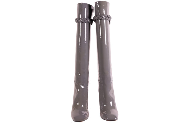 Valentino Gray Patent Leather Tall Boots with Chain Detail Size