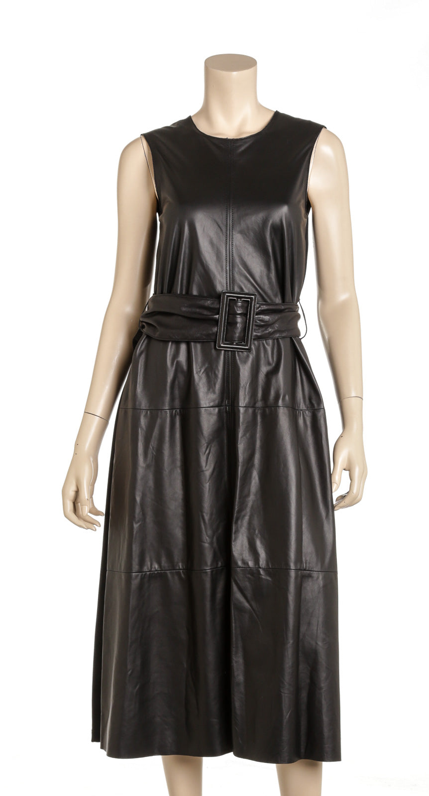 Brunello Cucinelli Black Leather Belted Sleeveless Dress Size Small