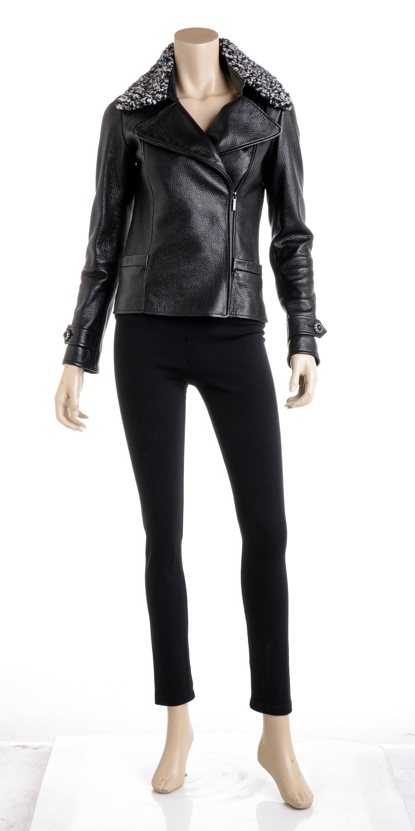 Chanel Black Leather Motorcycle Style Jacket with Boucle Collar Size 36
