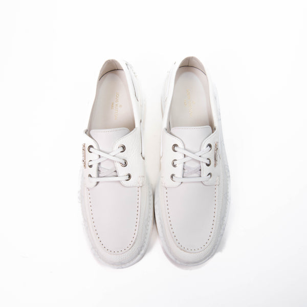 Men's Louis Vuitton White & Grey Leather  Racer Moccasins Boat Deck Shoes Size 9.5