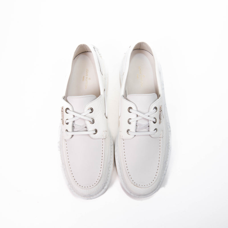 Men's Louis Vuitton White & Grey Leather  Racer Moccasins Boat Deck Shoes Size 9.5