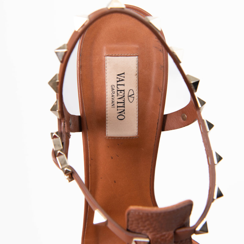 Valentino Garavani Brown Leather Rockstud T-Strap Block Heel Size 38.5