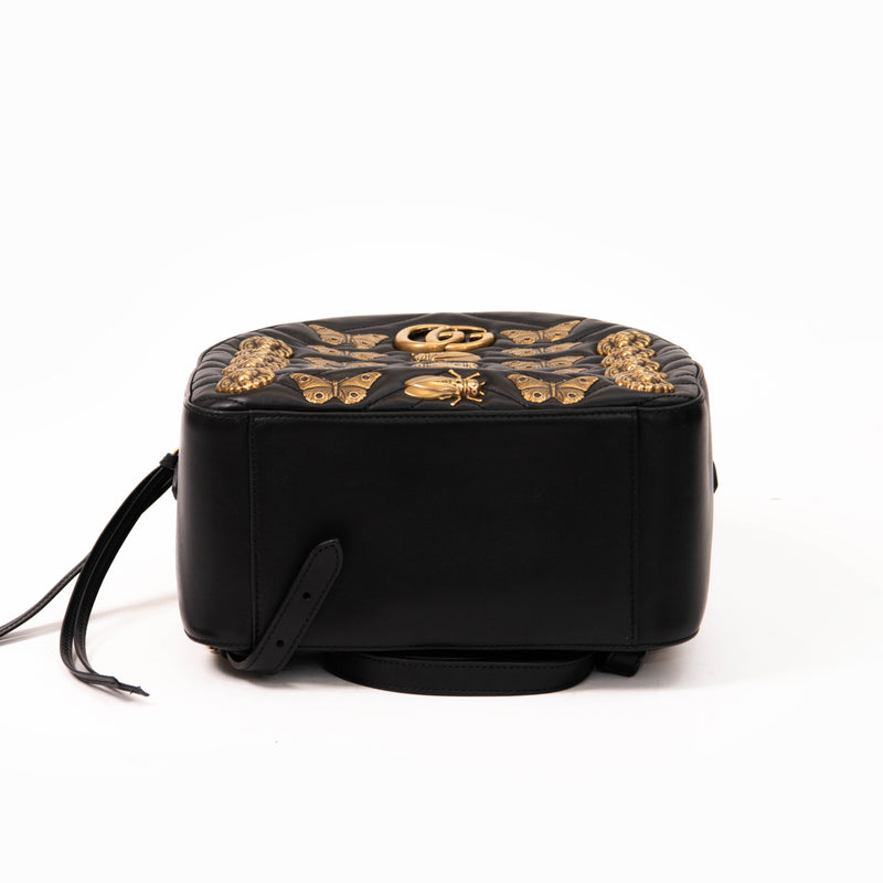 Gucci Black Calfskin Matelassé Leather Animal Studded GG Marmont Backpack