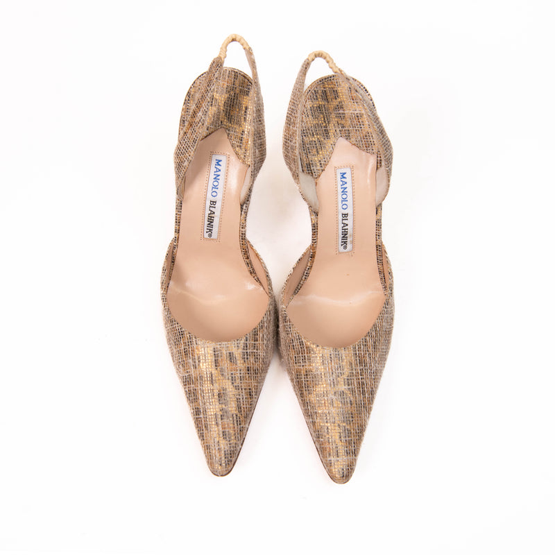 Manolo Blahnik Beige & Gold Animal Print Slingback Pumps Size 41