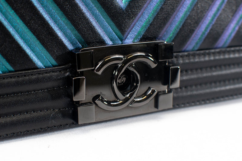 Chanel Painted Black Calfskin Chevron Embossed Small Boy Flap