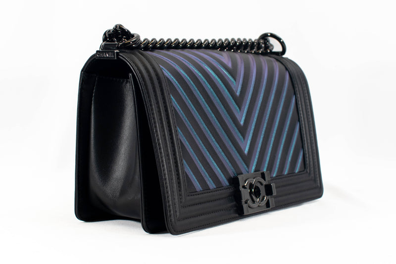 Chanel Painted Black Calfskin Chevron Embossed Small Boy Flap