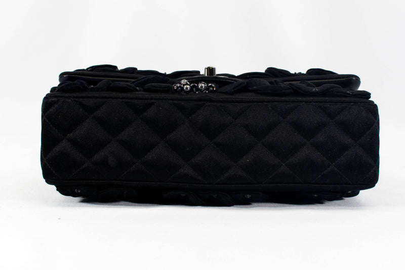 Chanel Black Satin 2020 Medium Star Camellia Double Flap Bag