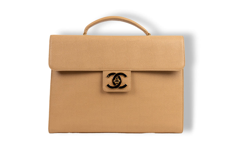 Chanel Tan Caviar Leather Briefcase with Gold Hardware
