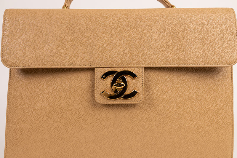 Chanel Tan Caviar Leather Briefcase with Gold Hardware