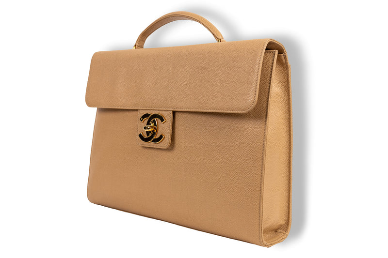 Chanel Tan Caviar Leather Briefcase with Gold Hardware