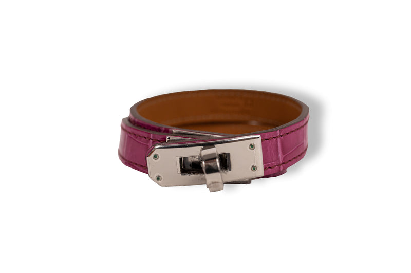 Hermès Purple Pink Kelly Double Tour Crocodile Bracelet Palladium