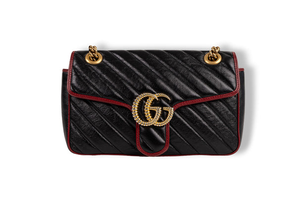 Gucci Black Red Marmont Diagonal Flap G Bag