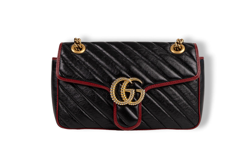 Gucci Black Red Marmont Diagonal Flap G Bag