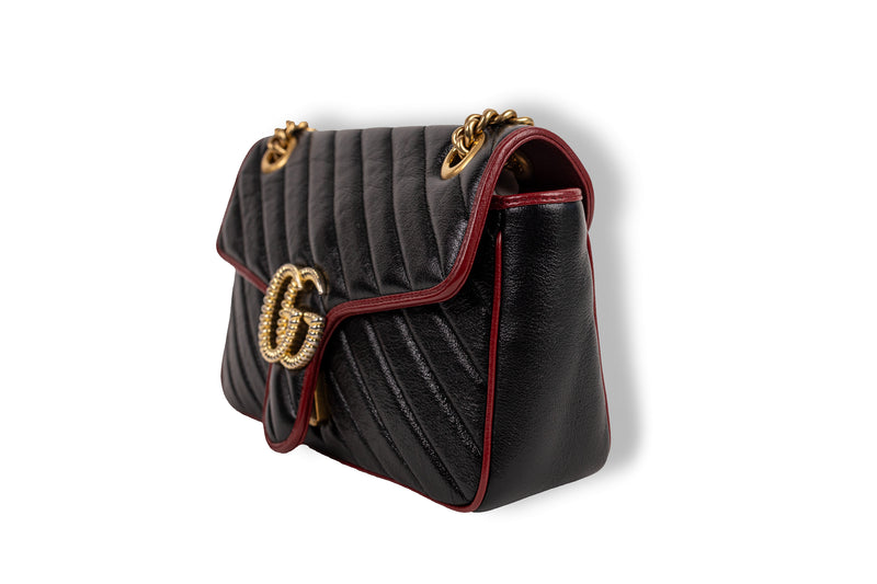 Gucci Black Red Marmont Diagonal Flap G Bag