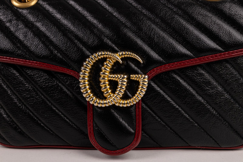 Gucci Black Red Marmont Diagonal Flap G Bag