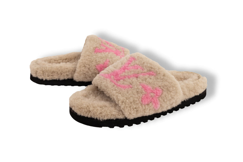 Louis Vuitton Tan Pink Paseo Shearling Slides Size 38