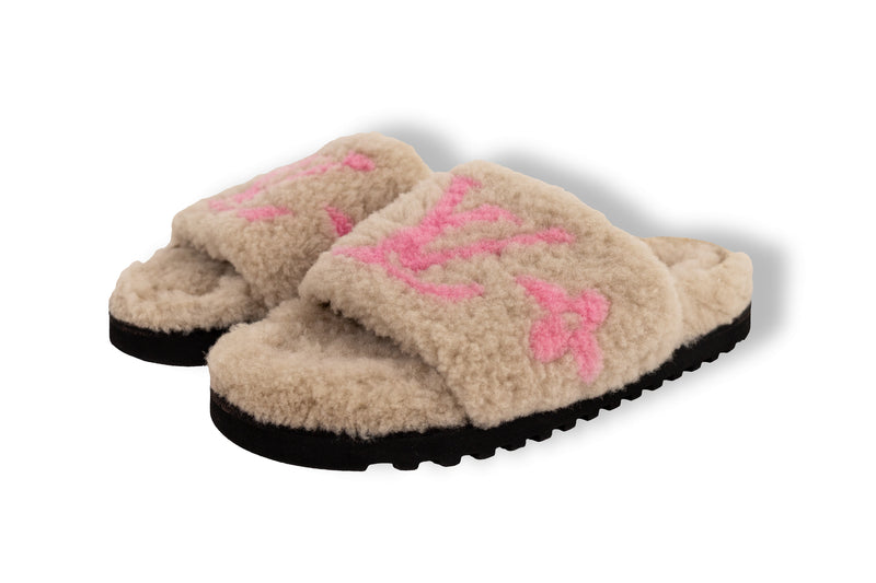 Louis Vuitton Tan Pink Paseo Shearling Slides Size 38
