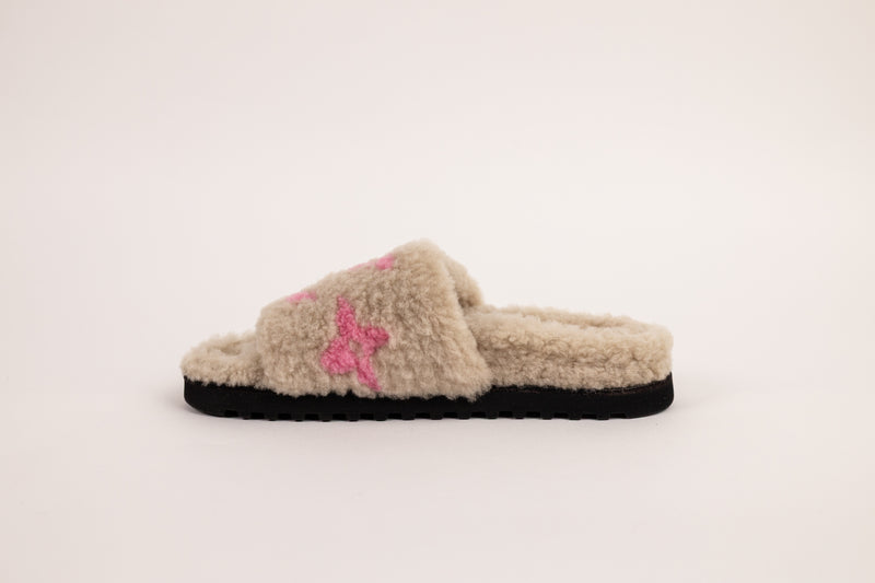 Louis Vuitton Tan Pink Paseo Shearling Slides Size 38