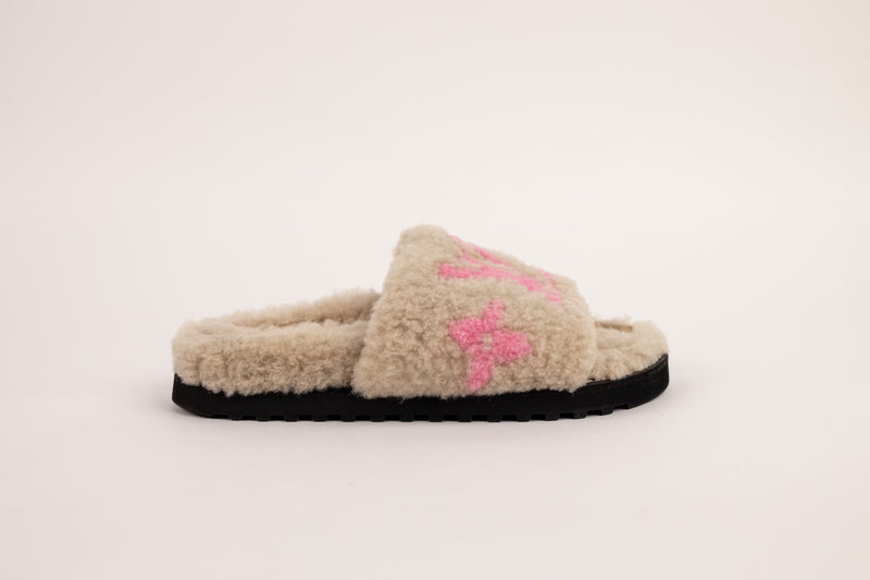 Louis Vuitton Tan Pink Paseo Shearling Slides Size 38