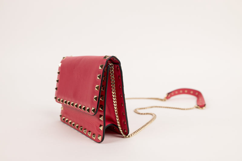 Valentino Pink Rockstud Flap Crossbody with Gold Studs