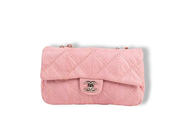 Chanel Pink Snakeskin Quilted Zig Zag Stitch Medium Flap Bag