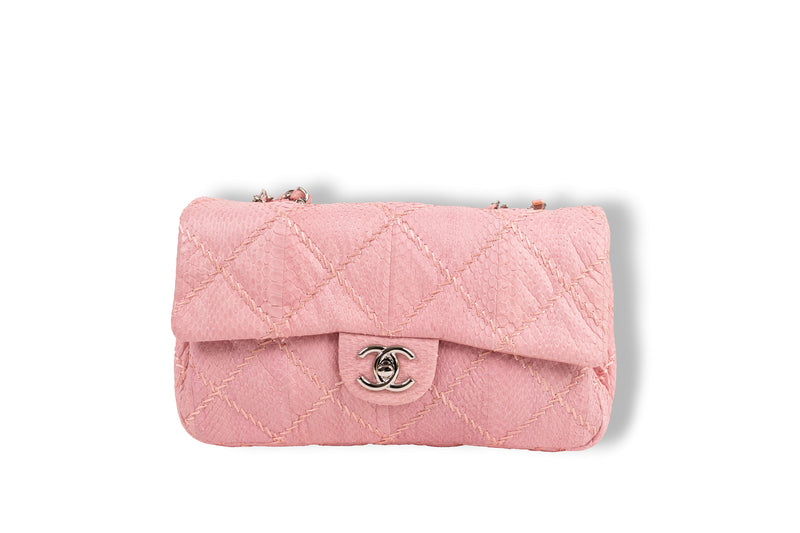 Chanel Pink Snakeskin Quilted Zig Zag Stitch Medium Flap Bag