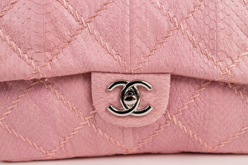 Chanel Pink Snakeskin Quilted Zig Zag Stitch Medium Flap Bag