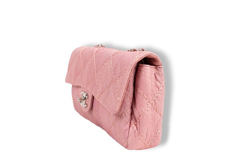 Chanel Pink Snakeskin Quilted Zig Zag Stitch Medium Flap Bag