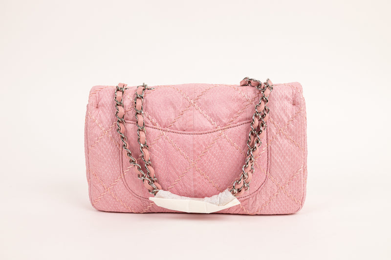 Chanel Pink Snakeskin Quilted Zig Zag Stitch Medium Flap Bag