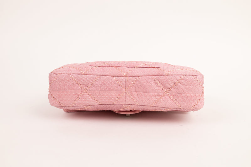 Chanel Pink Snakeskin Quilted Zig Zag Stitch Medium Flap Bag
