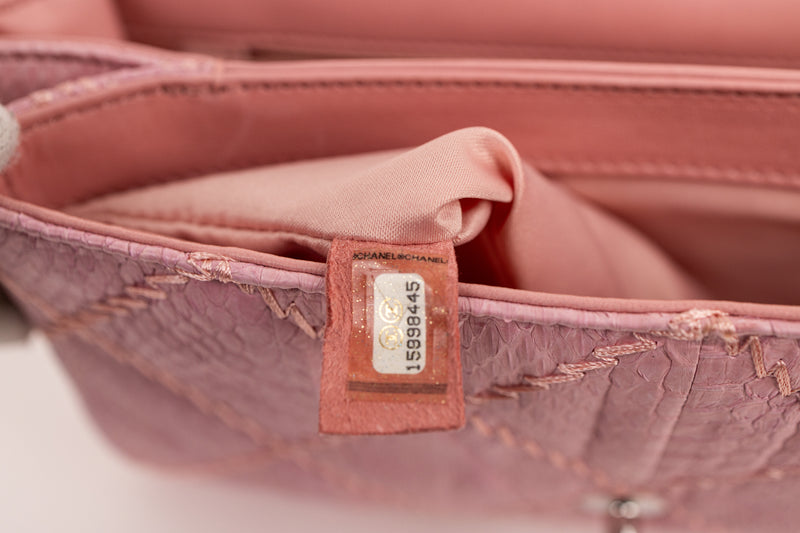 Chanel Pink Snakeskin Quilted Zig Zag Stitch Medium Flap Bag